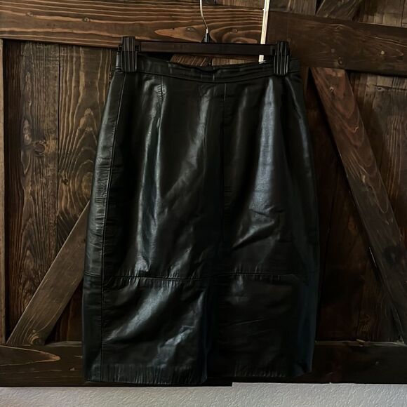 Vintage Comint Black Genuine Leather Skirt Sz- - Picture 8 of 13